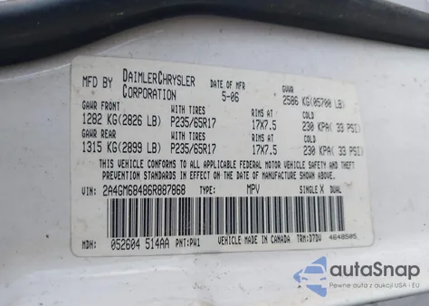 2006 Chrysler Pacifica Touring from USA, damaged, VIN 2A4GM68486R887868